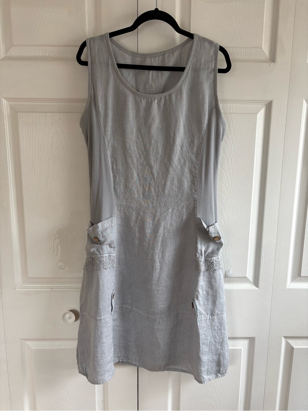 Emporium Italy 100% Linen Sleeveless Dress Pockets Dusty Blue Lagenlook Boho XL